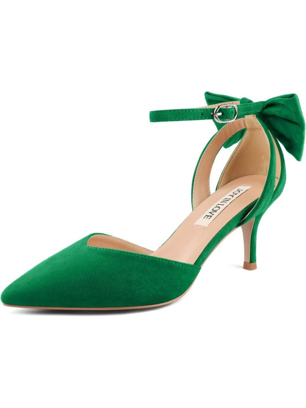 Women's Green Suede Kitten Bow Closed Pointed Toe Sandals Ankle Strap Dress Shoe